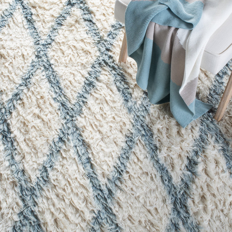 Ivory and Blue Hand-Knotted Wool 9' x 12' Rug