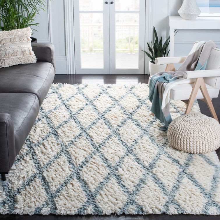 Ivory and Blue Hand-Knotted Wool 9' x 12' Rug