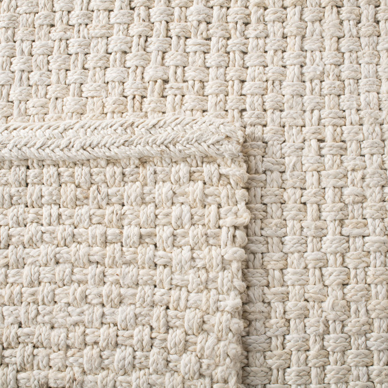 Cream Hand-Knotted Wool Basket Weave Runner Rug