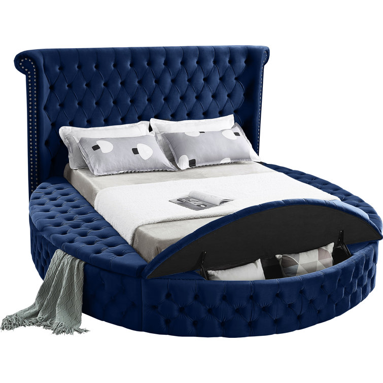 Luxus Navy Velvet Queen Bed with Tufted Upholstered Headboard