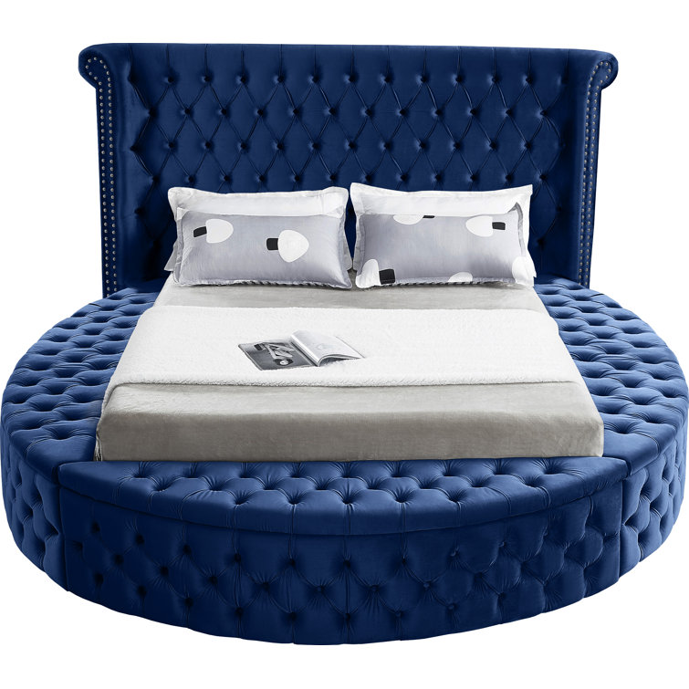 Luxus Navy Velvet Queen Bed with Tufted Upholstered Headboard