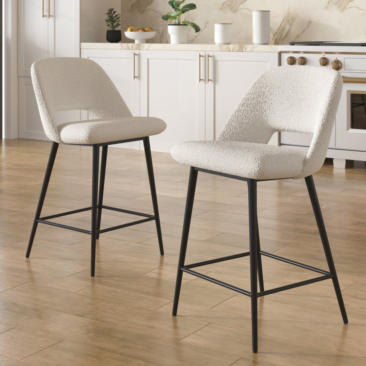 White Boucle Upholstered Counter Stools with Black Metal Legs, Set of 2