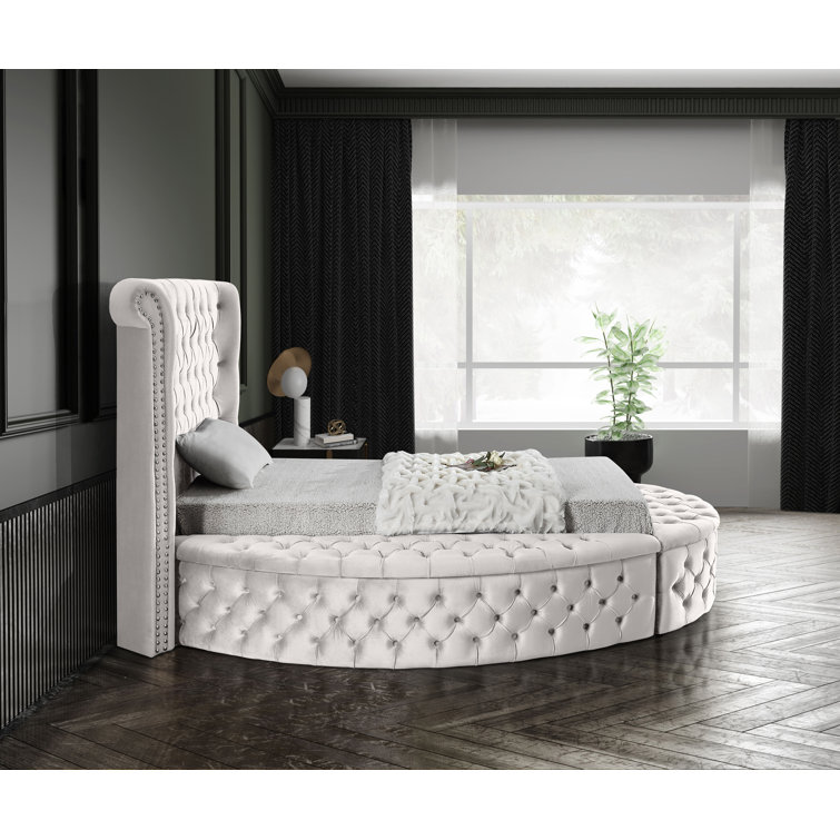 Cream Velvet Queen Bed with Tufted Upholstery and Storage