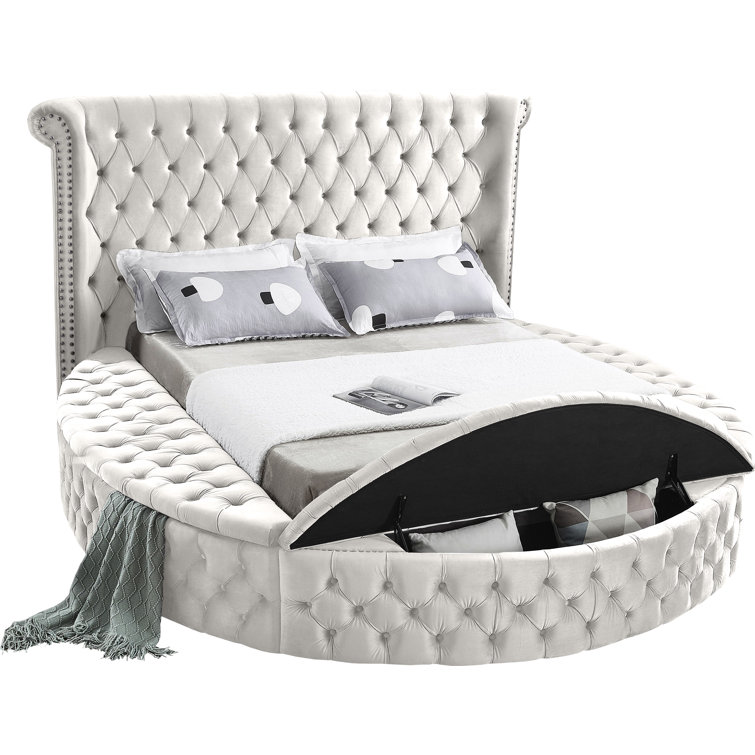 Cream Velvet Queen Bed with Tufted Upholstery and Storage