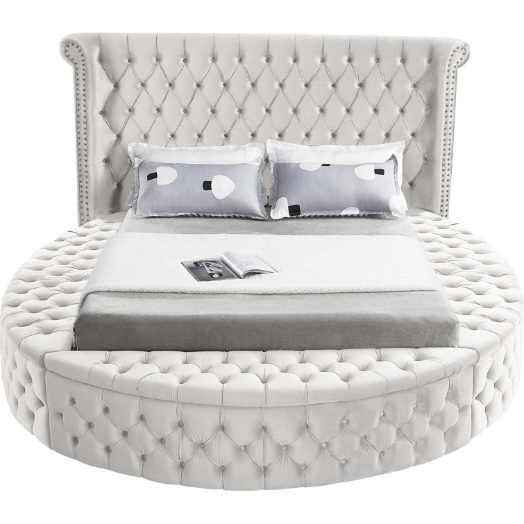 Cream Velvet Queen Bed with Tufted Upholstery and Storage