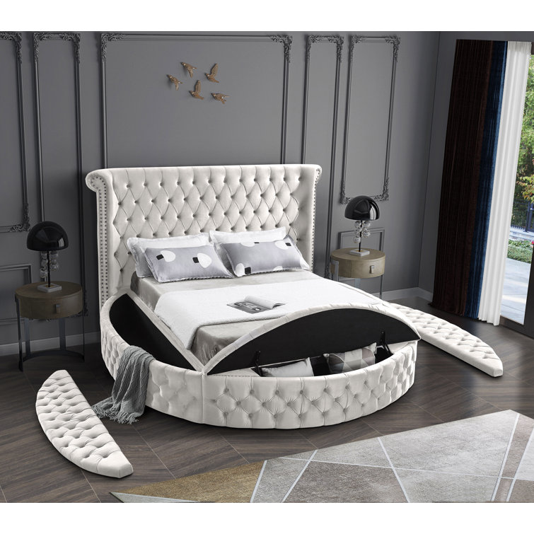 Cream Velvet Queen Bed with Tufted Upholstery and Storage