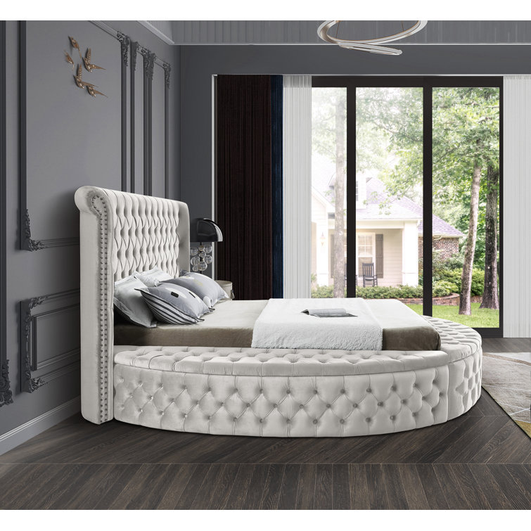 Cream Velvet Queen Bed with Tufted Upholstery and Storage