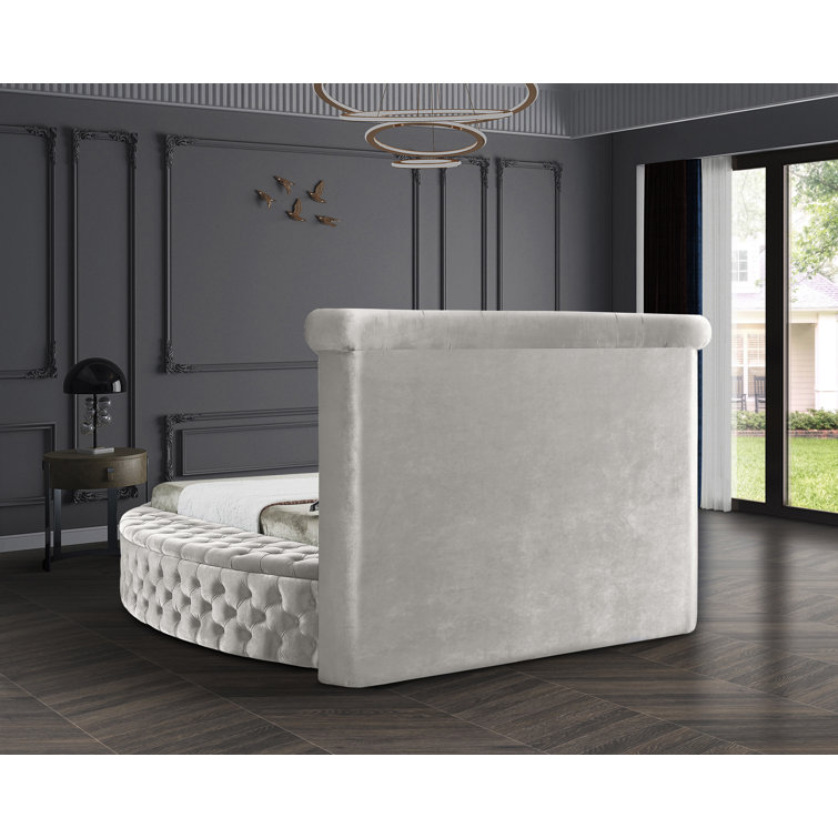 Cream Velvet Queen Bed with Tufted Upholstery and Storage