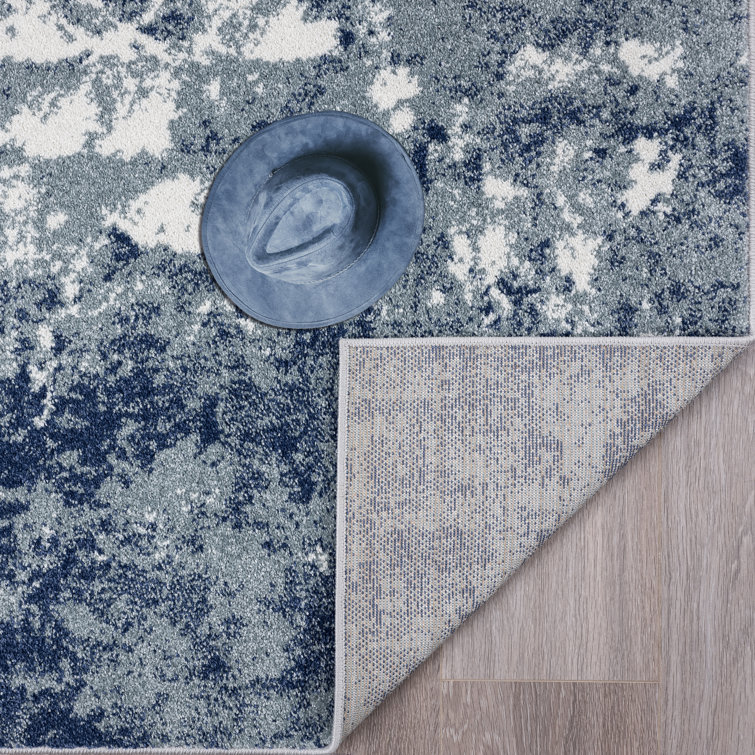 Blue and White Abstract Synthetic Rectangular Area Rug, 5' x 7'