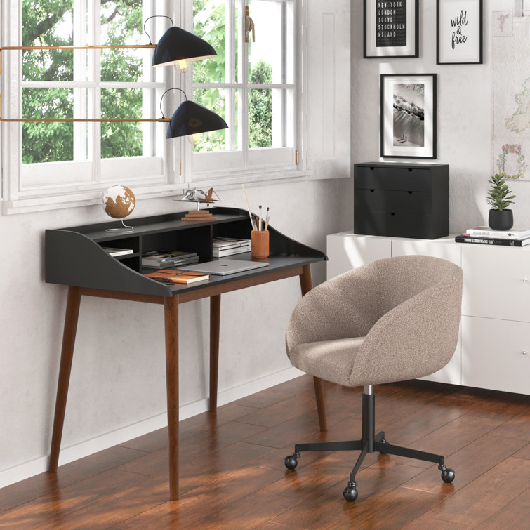 Gray Boucle Upholstered Swivel Office Chair with Black Steel Frame