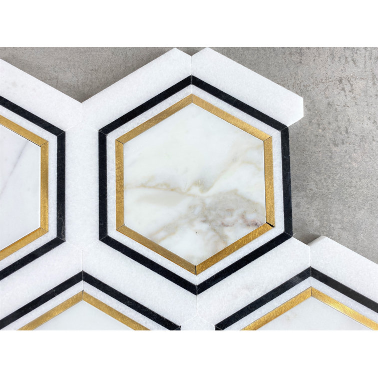 Calacatta Gold and Black Hexagon Mosaic Shower Tile