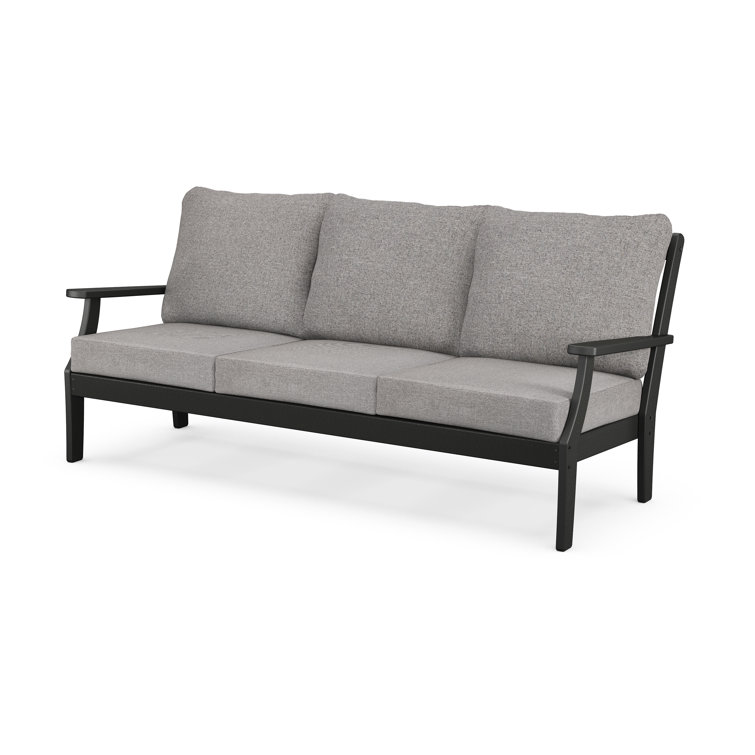 Charcoal Black Three-Seater Outdoor Sofa with Gray Cushions