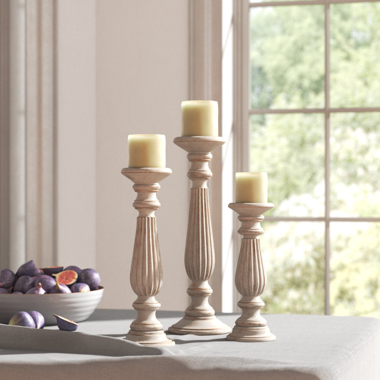 Handmade Distressed White Wood 3-Piece Candlestick Set
