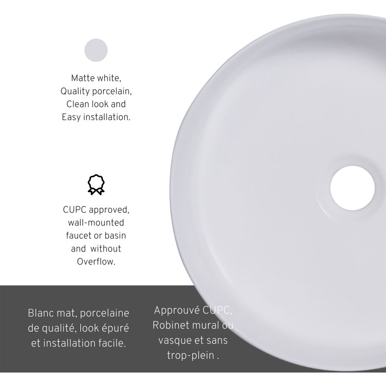 14'' Round White Ceramic Undermount Bathroom Sink
