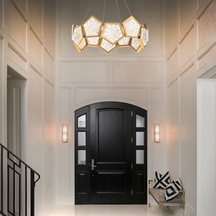 Aged Brass Geometric LED Chandelier with Reclaimed Crystal