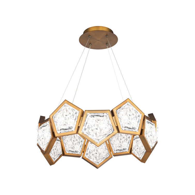 Aged Brass Geometric LED Chandelier with Reclaimed Crystal