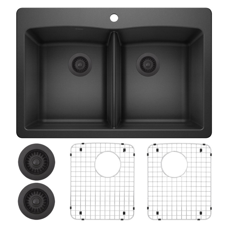 Anthracite Granite Composite 33" Dual Mount Double Bowl Kitchen Sink