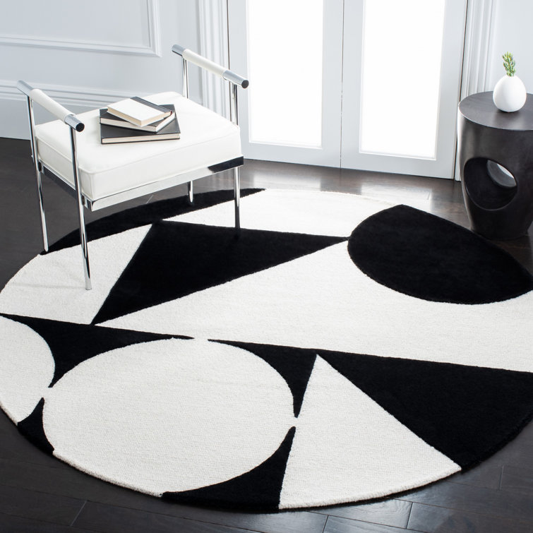 Ivory and Black Geometric Hand-Tufted Wool Square Rug