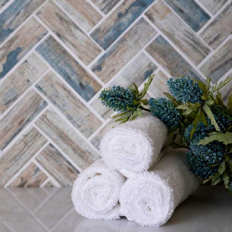 Beige and Blue Recycled Glass Herringbone Mosaic Tile