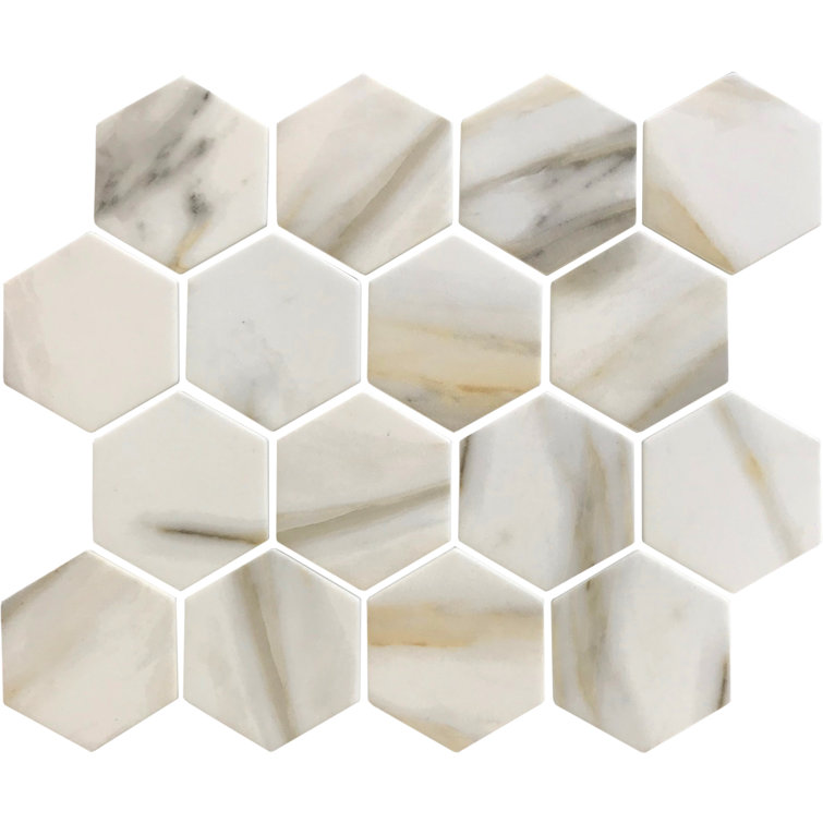 Calacatta White and Beige Hexagon Recycled Glass Mosaic Tile