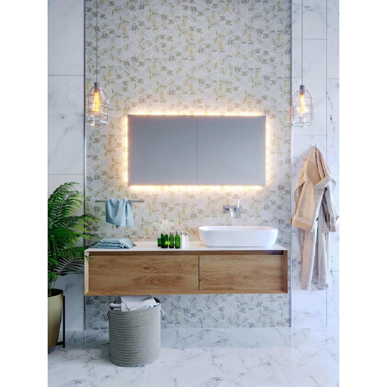 Calacatta White and Beige Hexagon Recycled Glass Mosaic Tile