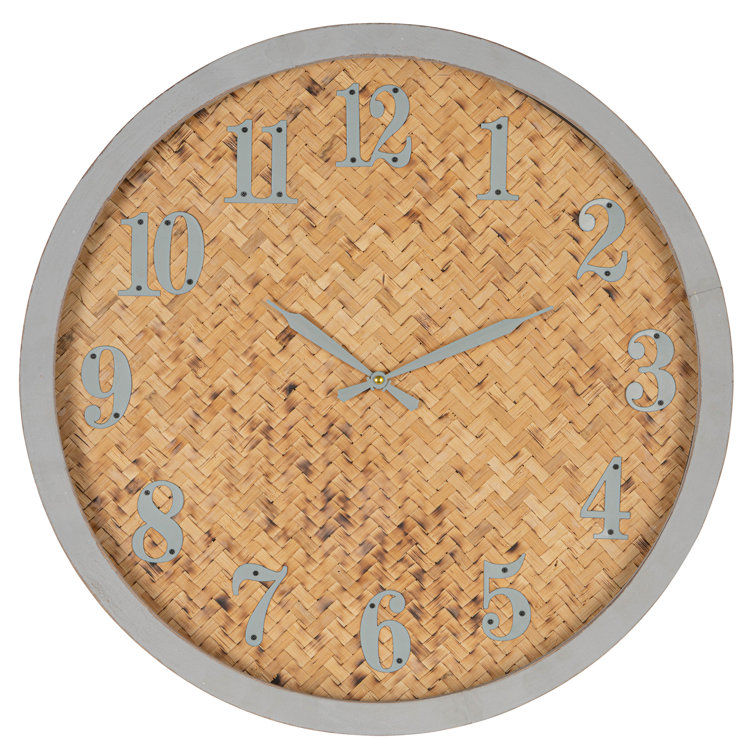 Gray and Natural Solid Wood Round Wall Clock with Glass Face