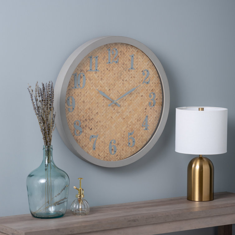 Gray and Natural Solid Wood Round Wall Clock with Glass Face