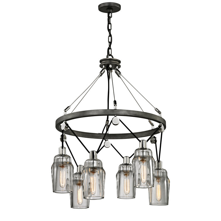 Graphite and Polished Nickel 6-Light Wagon Wheel Chandelier with Clear Glass Shades