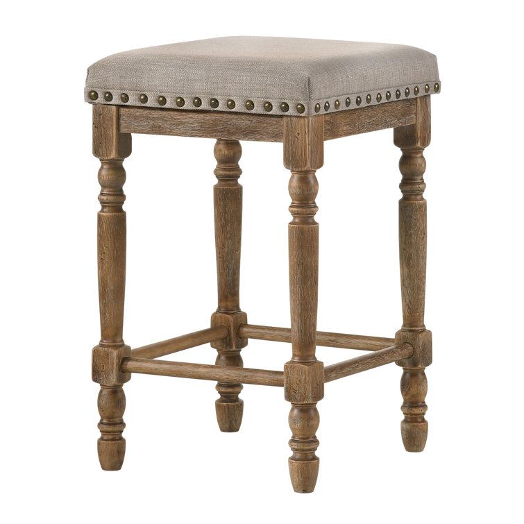 Weathered Oak Backless Counter Height Stool with Beige Upholstered Seat