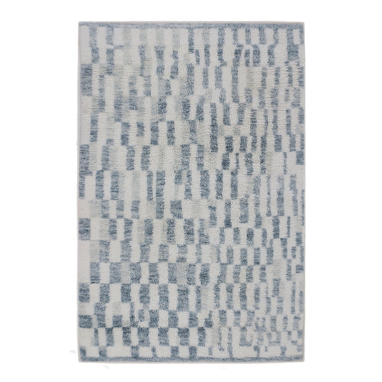 Handmade Ivory and Blue Wool Cotton Shag Area Rug 6' x 9'