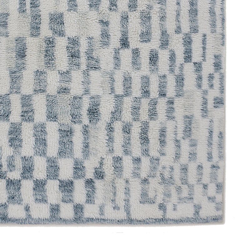 Handmade Ivory and Blue Wool Cotton Shag Area Rug 6' x 9'