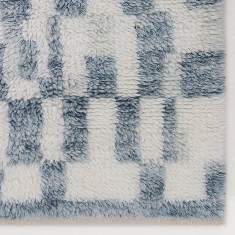 Handmade Ivory and Blue Wool Cotton Shag Area Rug 6' x 9'
