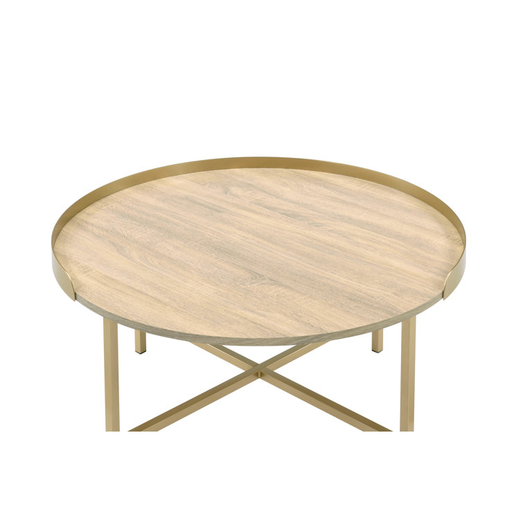 Mithea 38" Round Oak and Gold Tray Top Coffee Table