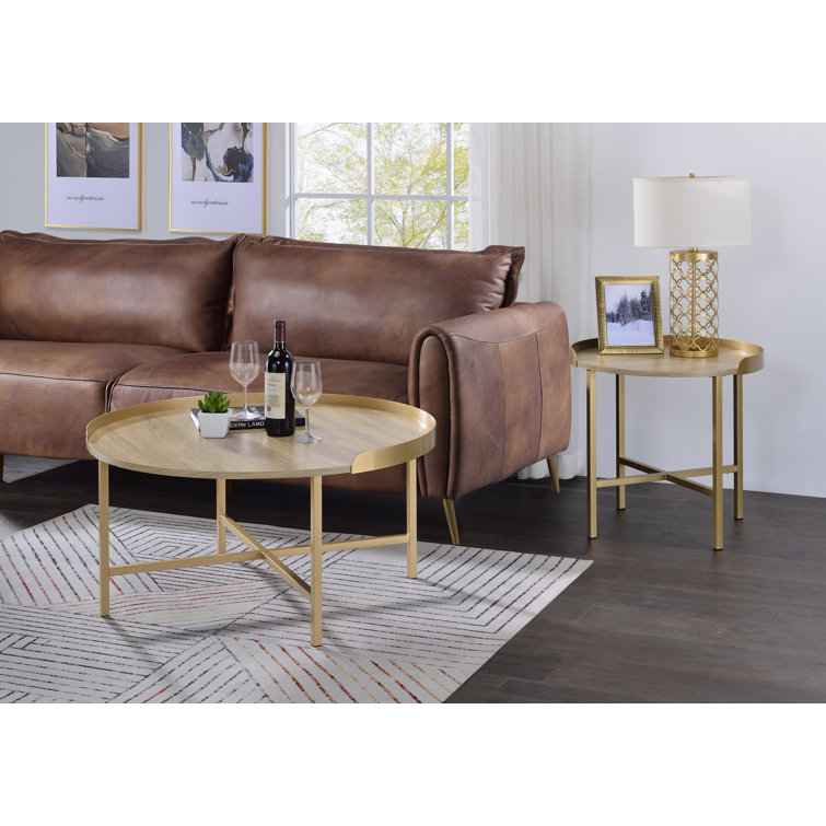 Mithea 38" Round Oak and Gold Tray Top Coffee Table