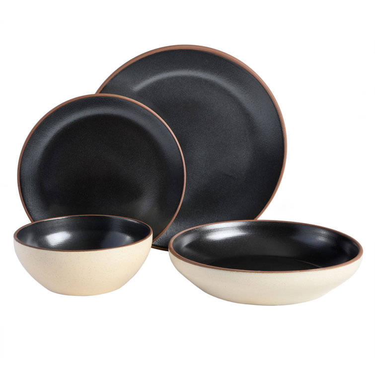 Black and Beige Ceramic 16-Piece Dinnerware Set, Service for 4