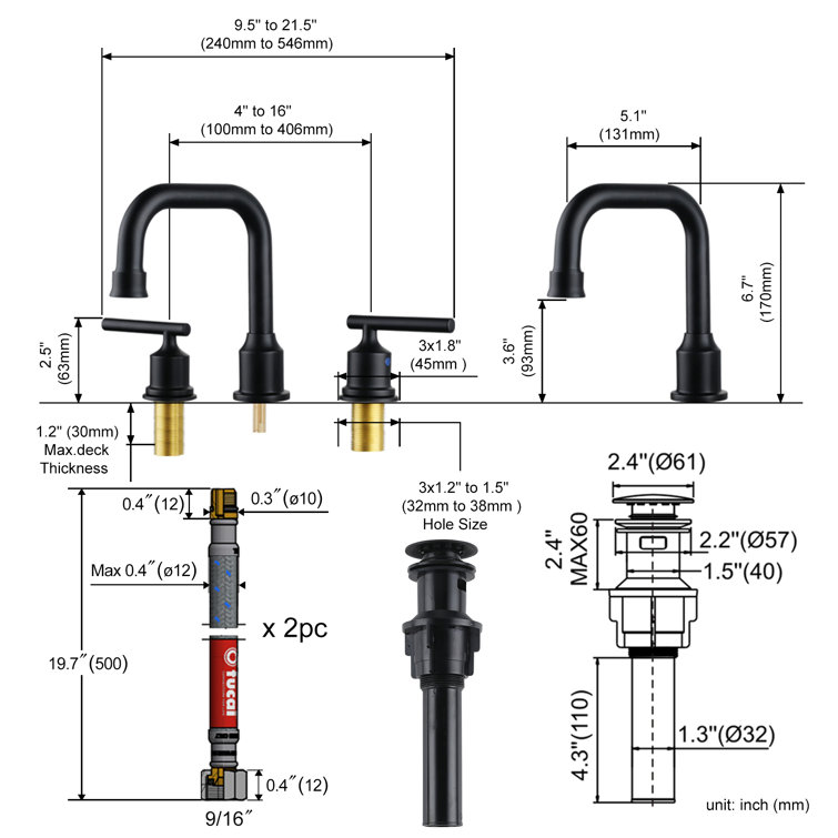 Matte Black Modern Widespread Bathroom Faucet with Pop-Up Drain