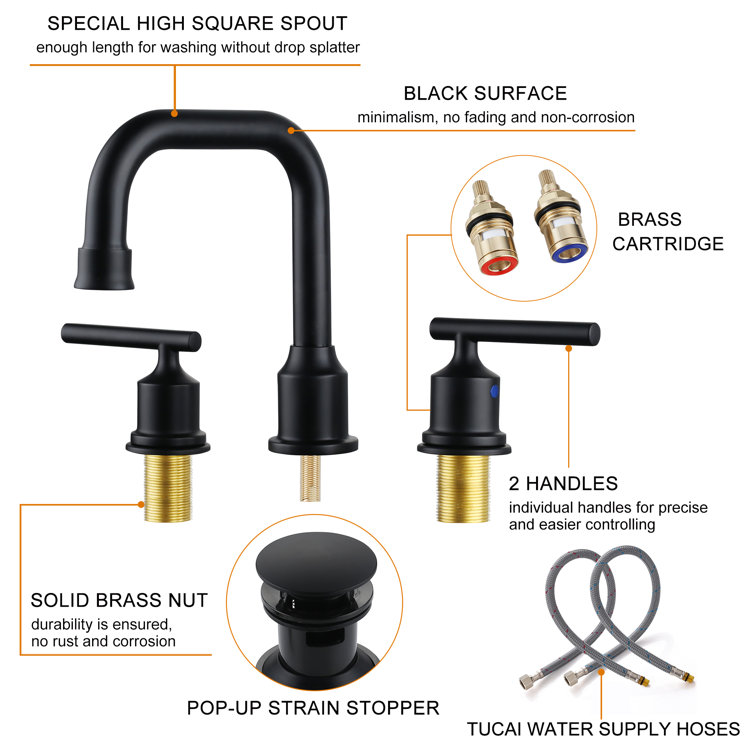 Matte Black Modern Widespread Bathroom Faucet with Pop-Up Drain