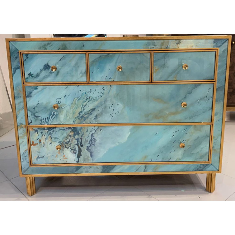 Sorrell Transitional Blue 5-Drawer Chest with Goldleaf Frame
