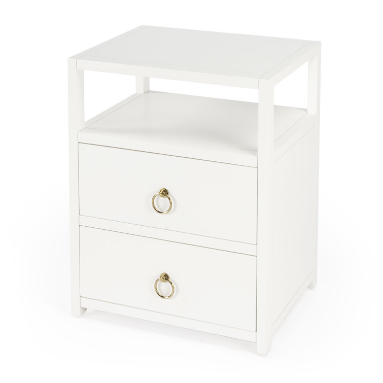 Luxe Minimalist White Acacia 2-Drawer Nightstand with Open Shelf