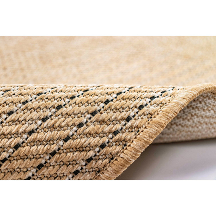 Green and Beige Flat Woven Synthetic Stripe Rug, 5' x 7'