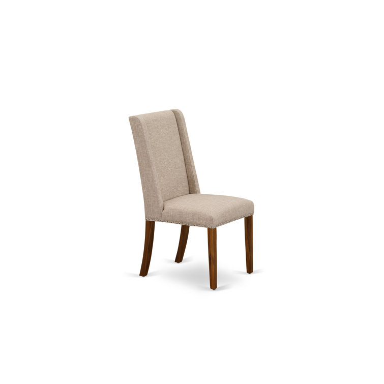 Distressed Jacobean Acacia Wood Dining Set with Light Tan Linen Chairs