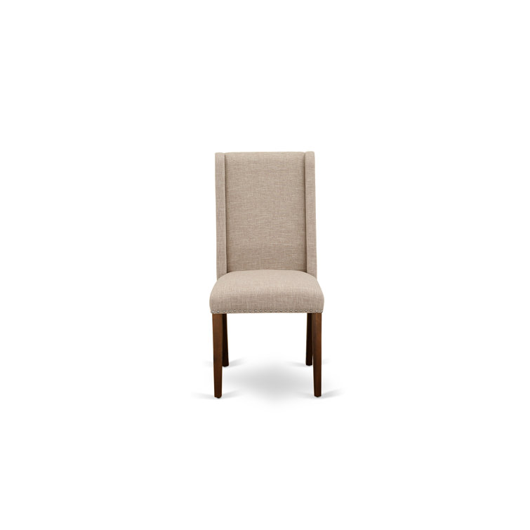 Distressed Jacobean Acacia Wood Dining Set with Light Tan Linen Chairs