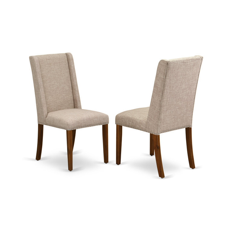 Distressed Jacobean Acacia Wood Dining Set with Light Tan Linen Chairs