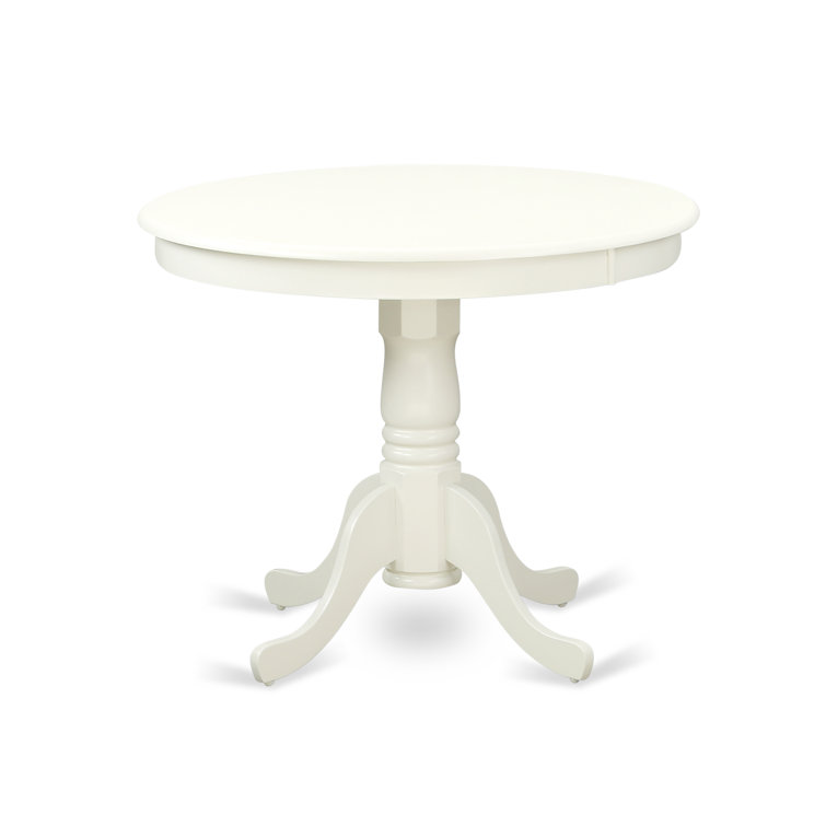 Linen White Round Pedestal Table with Baby Blue Fabric Chairs