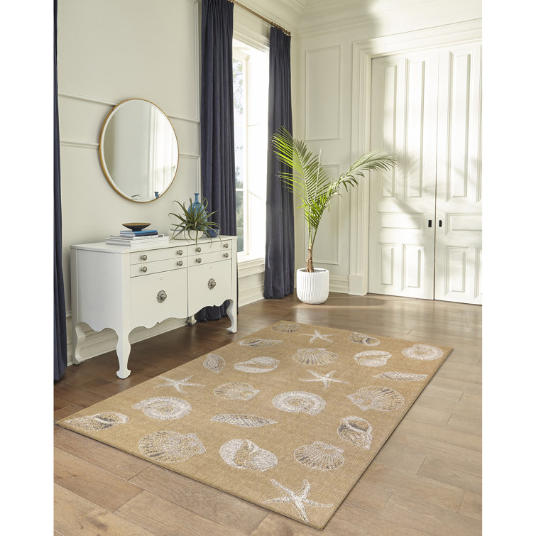 Sand and White Synthetic Coastal Rectangular Area Rug