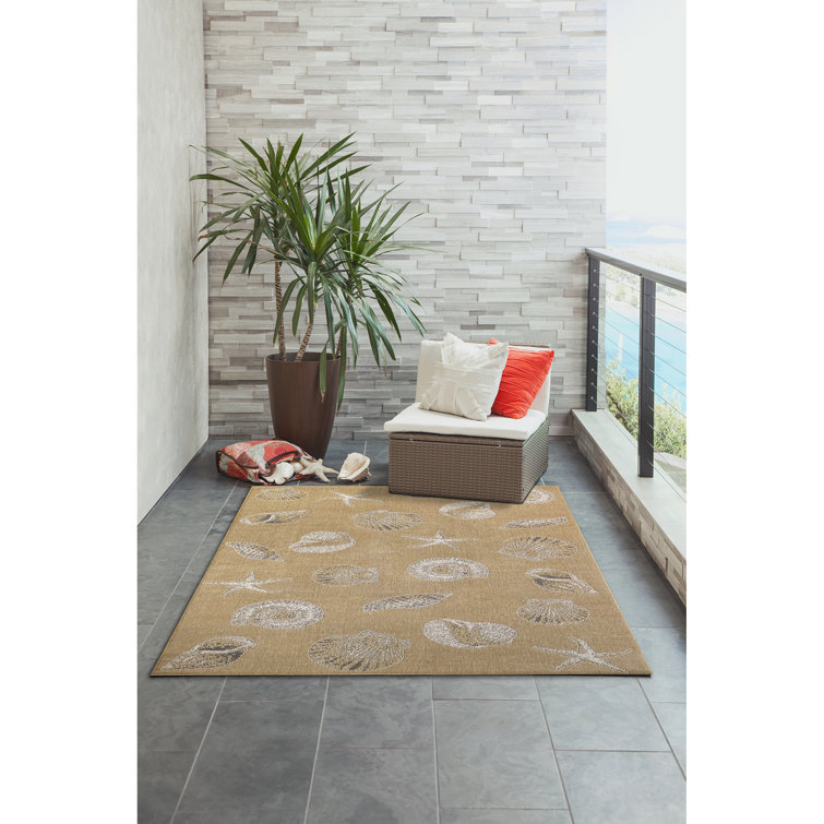 Sand and White Synthetic Coastal Rectangular Area Rug