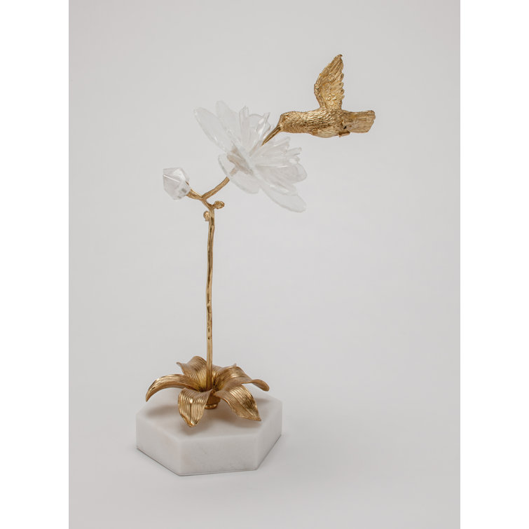 Handmade Brass and Quartz Hummingbird Sculpture with White Stone Base