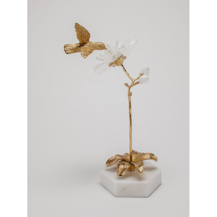 Handmade Brass and Quartz Hummingbird Sculpture with White Stone Base