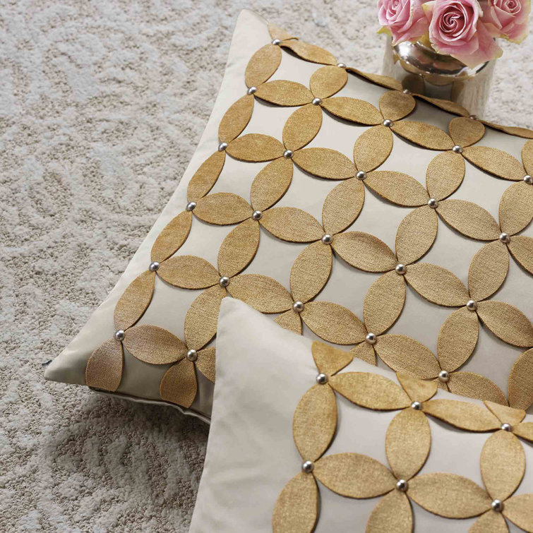 Ivory Satin Square Pillow with Gold Applique and Zipper Closure