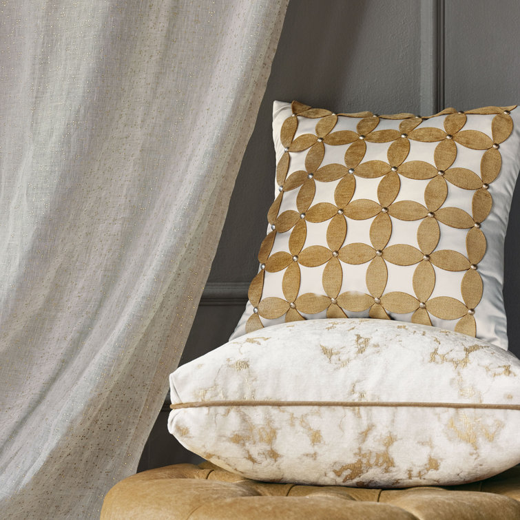 Ivory Satin Square Pillow with Gold Applique and Zipper Closure